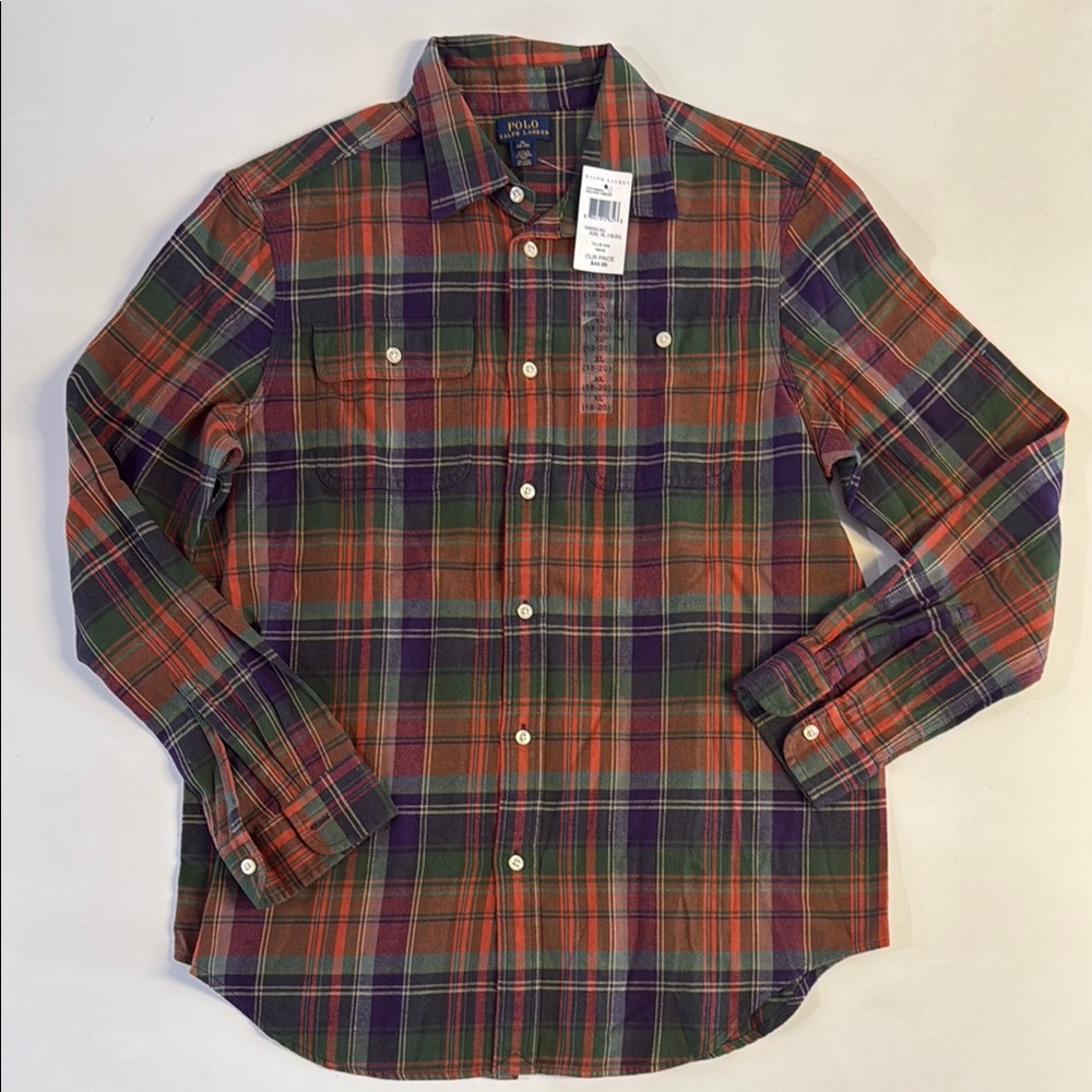 *New Polo Ralph Lauren Boys Teens Green Plaid Flannel Shirt Size XL 18/20